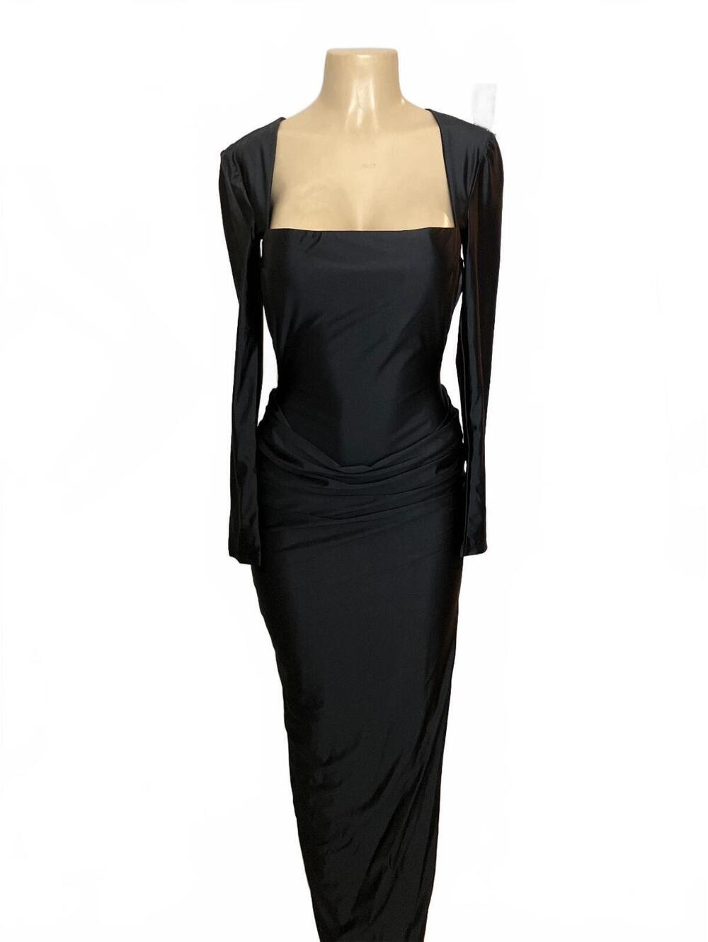 NWT Oh Polly Black Long Sleeve Satin Maxi Dress with Pearl Back Detail